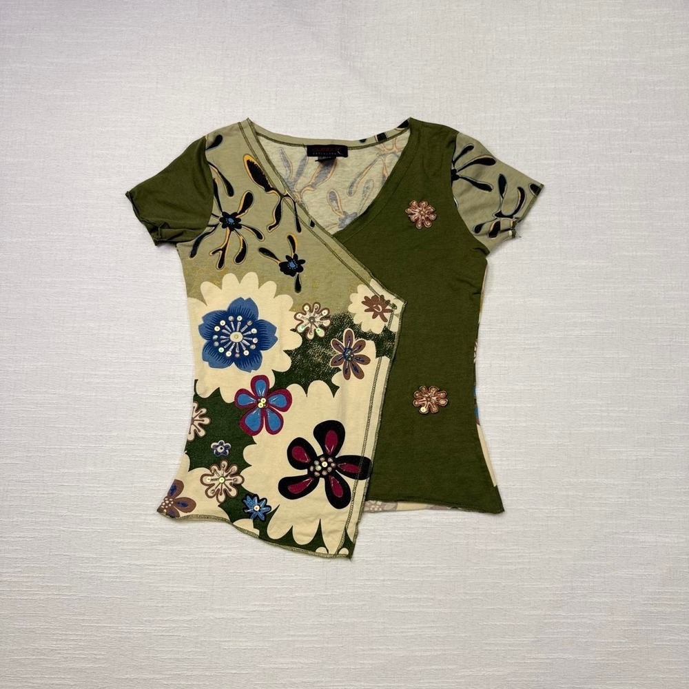 Vintage Custo Barcelona Y2K Floral Sequined Asymmetrical Wrap Top Small Green